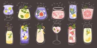Farklı lezzetlerde limonata ve çeşitli gözlük şekilleri olan koleksiyon. Limon ve nane, incir meyvesi, çilek ve greyfurt. Koyu arkaplanda taslak ve düz renk biçiminde vektör illüstrasyonu.