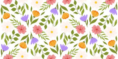 Çiçek elementleriyle kusursuz desen. Botanik esinlenerek farklı renk çiçek, yaprak ve dallara sahip tekrarlanan kumaş ya da duvar kağıdı tasarımı