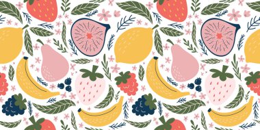 Çilek, ahududu, böğürtlen, muz, armut, yarım incir, böğürtlen, pembe çiçek ve yeşil yapraklı şakasız desen. Düz renklere sahip organik vektör biçimi, mükemmel