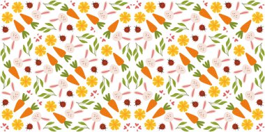 Çiçekli, tavşanlı ve havuçlu bahar Paskalya şablonu şirin, el yapımı vektör tarzında. Tekstil, ambalaj ve festival dekorasyonları için ideal.