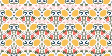 Beyaz çilek, ahududu, limon, böğürtlen, pembe çiçek ve yeşil yaprakların resimleriyle süslü, hoş, pürüzsüz bir desen.