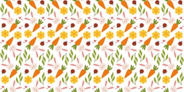 Paskalya deseninde tavşanlar ve çiçekler, el çizimi bir vektör tarzında. Tekstil, ambalaj ve dekoratif tasarım için ideal.