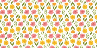 Çiçek elementlerini gösteren kusursuz bir düzen. Botanik esinlenmiş yinelenen kumaş ya da duvar kağıdı deseni yaprak, sarı çiçek, kiraz çiçeği ve yapraklı turuncu çiçekli desen.