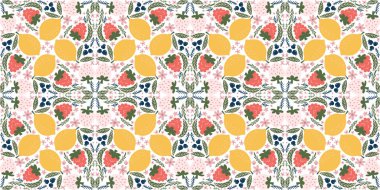 Elmas şeklinde dizayn edilmiş ahududu, limon, beyaz çilek, pembe çiçek ve yeşil yaprakların resimlerini içeren tuhaf ve pürüzsüz bir desen. Modern, organik vektör biçimi