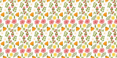 Çiçek elementlerini gösteren kusursuz motif. Botanik esinlenilmiş yinelemeli kumaş veya sarı ve turuncu çiçekli duvar kağıdı tasarımı, kırmızı dutlar, yapraklar ve kiraz çiçeği.