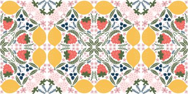 Ahududu, limon, beyaz çilek, böğürtlen, pembe çiçek ve yeşil yaprakların resimlerinin kaleydoskop gibi dizayn edildiği neşeli, pürüzsüz bir desen. Modern, organik