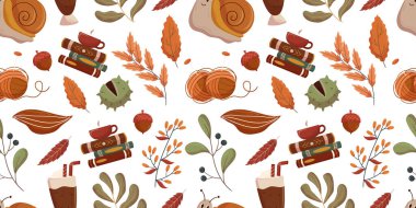 Kitaplar, sıcak içecekler, örgü malzemeleri ve çeşitli yapraklar ve meşe palamutları gibi, sonbahar temalı, pürüzsüz desenler sergiliyor. Sonbahar tekstil baskısı