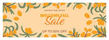 Sonbahar temalı turuncu böğürtlen ve yeşil yapraklı yeşil yapraklı sonbahar temalı bir satış için Sea Buckthorn promosyon afişi. Zarif, minimalist tasarım mevsimlik teklifleri vurguluyor.