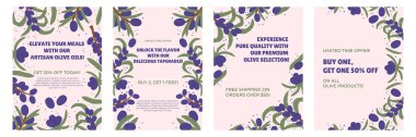Mor Zeytin dalları ve Yeşil Yapraklı Tanıtım Posteri veya Flyer. İndirim ve ücretsiz nakliye gibi özel teklifleri vurgulayın, kaliteli ürünlerin vurgulanması