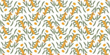 Beyaz arka planda deniz dikenli üzümler ve yeşil yapraklardan oluşan hareketsiz bir desen..