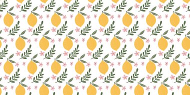 Yeşil yapraklı ve pembe çiçekli limon deseni. Yaz temalı projeler için mükemmel..