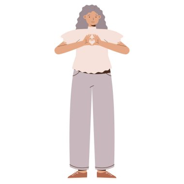 Gri kıvırcık saçlı, açık bej bluzlu ve gri pantolonlu yaşlı bir kadının tasviri.