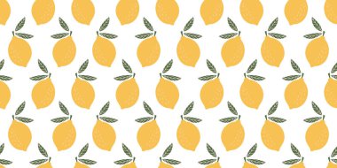 Taze ve Modern Dekoratif Tasarımlar İçin Beyaz Arkaplanda Canlı Sarı Meyveler ve Yeşil Yapraklarla Zarif Limonsuz Desenli