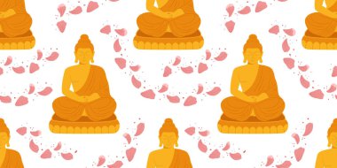 Beyaz arka planda dağınık pembe nilüfer yaprakları ile meditasyon yapan Buda figürleri, barış ve ruhaniliği sembolize eden kusursuz bir desen.