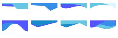 Mavi gradyan şekilleri ve geometrik kesiklerle dalgalı desenleri içeren soyut başlık tasarımlarının bir koleksiyonu, web veya grafik tasarım projeleri için uygun modern ve minimalist elementler sunar.