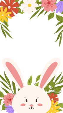 Paskalya tavşanı çiçek çerçeveli bahar tebrik kartı dikey sosyal medya hikayesi