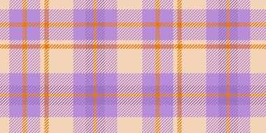 Lavanta ve turuncu renklerin bej tonlarıyla kesiştiği canlı bir ekoseli desen, çapraz çizgiler ve tekstil veya dekor için kare elementler içeren cesur ve modern geometrik bir tasarım sergiliyor..