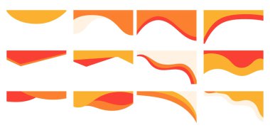 Bir dizi canlı başlık dizaynı turuncu ve kırmızı gradyan şekilleri ve pürüzsüz dalgalı desenleri ve keskin geometrik elementleri gösteriyor.