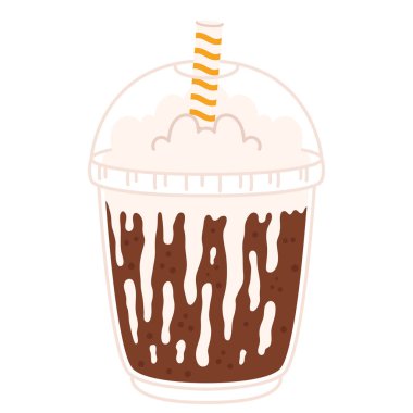 Kubbe kapaklı plastik bardakta kremalı ve sarı şeritli kamışlı tatlı çikolatalı soda. Zengin ve hoşgörülü. Çizgi film düz stiliyle stok vektör illüstrasyonu. Beyazda izole edilmiş