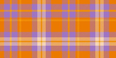 Parlak turuncu ve mor ekose desenli, kareli desenli.