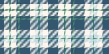 Kıtır kıtır lacivert, yeşil ve beyaz ekose desenli, temiz çizgileri var.