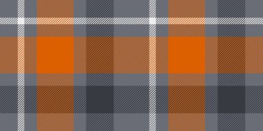 Koyu gri ve turuncu tonlarda, beyaz aksanlı, kusursuz bir ekose deseni. Tekstil tasarımı, moda, ev dekorasyonu ve canlı ve modern estetik projeleri için mükemmel..