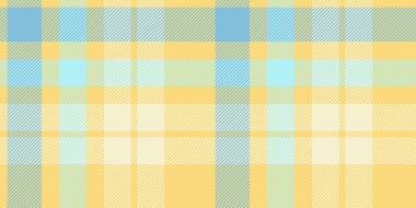 Kare ve çizgilerin geometrik çapraz dizaynında açık mavi ve sarı tonlara sahip neşeli bir tartan deseni, tekstil ve dekor için parlak ve modern bir görünüm yaratıyor..