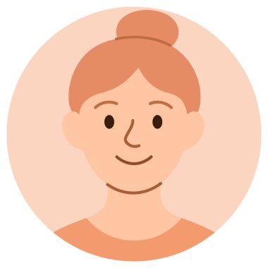 Saçları topuz ve açık tenli kızıl saçlı genç bir kadının gülümseyen karikatür avatarı. Düz stil, pastel arkaplanda izole. Düz çizgi film tarzında stok vektör illüstrasyonu