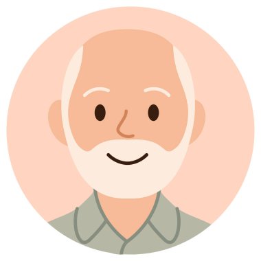 Beyaz saçlı ve sakallı kıdemli adamın gülümseyen karikatür karakteri. Düz stil, pastel arkaplanda izole. Düz çizgi film tarzında stok vektör illüstrasyonu