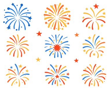 Canlı kırmızı mavi ve sarı havai fişek koleksiyonu düz çizgi film tarzında. Kutlama ve parti dekorasyonu için izole kare ikonlar. Düz biçimli stok vektör illüstrasyonu.