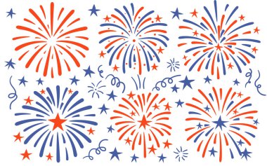 Düz çizgi film tarzında izole edilmiş kırmızı ve sarı havai fişek koleksiyonu. Tatil dekorasyonu ve kutlama temaları için mükemmel. Düz biçimli stok vektör illüstrasyonu.