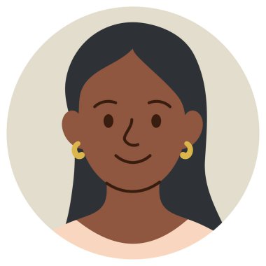 Uzun saçlı ve küpeli, gülümseyen zenci kadın avatarı. Düz stil, pastel arkaplanda izole edilmiş. 