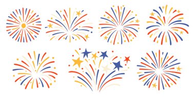 İzole edilmiş kırmızı, mavi ve beyaz havai fişek ikonlarının toplanması. Çeşitli yıldız patlaması şekilleri içerir. 