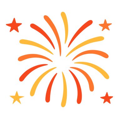 Düz stil yıldızlı kırmızı ve sarı havai fişek patlaması. Şeffaf arkaplanda izole edilmiş kare vektör elemanı. Çizgi film tarzında stok vektör illüstrasyonu.