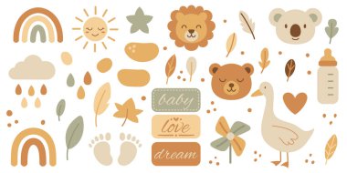 Sevimli boho bebek hayvanları ve aslan, gökkuşağı, şişe ve yumuşak toprak tonlarında harfler gibi bebek eşyaları.. 