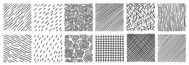 Noktalar ve ızgaralar olan soyut siyah ve beyaz haç desenleri koleksiyonu. Kare, pürüzsüz kiremitler. Elle çizilmiş biçimdeki stok vektör illüstrasyonu