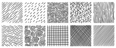Karalamalar, girdaplar ve pürüzlü çizgiler içeren bir dizi soyut el çizimi. Kare siyah beyaz desenli fayanslar. Elle çizilmiş biçimdeki stok vektör illüstrasyonu.