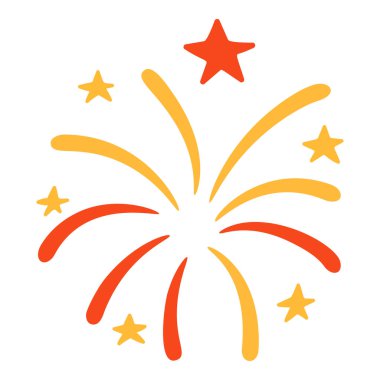 Merkezi yıldız sembollü kırmızı mavi ve sarı havai fişek patlaması. Düz biçimli stok vektör illüstrasyonu.