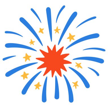 Sarı noktalı mavi ve kırmızı havai fişekler. Düz çizgi film vektör stili, izole ve temiz. Düz biçimli stok vektör illüstrasyonu.