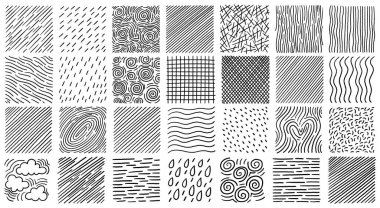 Girdap, noktalar, çizgiler ve düşüşler gibi çeşitli elementlerin yer aldığı geniş çapraz kapaklı el çizimleri. Kare siyah ve beyaz fayanslar. Elle çizilmiş biçimdeki stok vektör illüstrasyonu