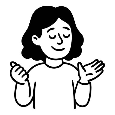 El çizimi karalamalı kadın karakteri ellerini kaldırarak omuz silkiyor ve kafa karışıklığı gösteriyor. Elle çizilmiş biçimdeki stok vektör illüstrasyonu.  