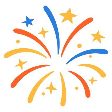 Düz çizgi film tarzında simetrik kırmızı ve mavi havai fişekler. Kare format, şeffaf arkaplan. Düz biçimli stok vektör illüstrasyonu.