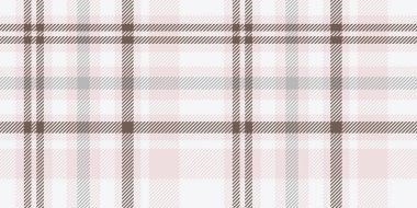 Kusursuz beyaz, kahverengi ve yumuşak çapraz çizgili açık pembe ekose desenli. Kumaş, duvar kağıdı veya dijital arkaplan için geometrik kareli tasarım. Tekrarlanabilir tekstil dokusu.
