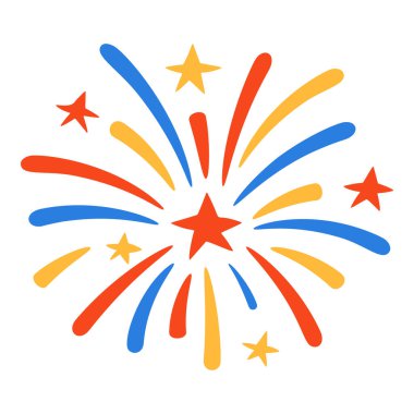 Kırmızı mavi ve sarı yıldızlı katmanlı havai fişekler. Karikatür düz stil izole vektör, Bağımsızlık Günü dekorasyonu için mükemmel. Düz biçimli stok vektör illüstrasyonu.