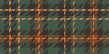 Kusursuz koyu yeşil, siyah ve turuncu ekose desenli çapraz çizgili detaylar. Arkaplan ve yazdırma için Geometrik tekstil tasarımı