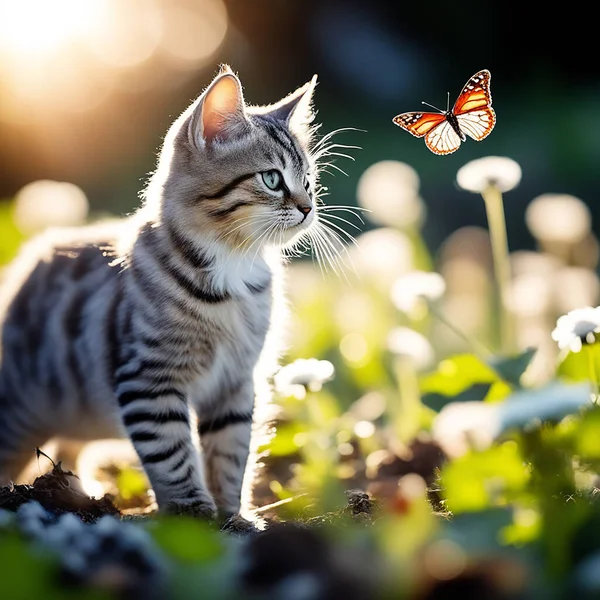 Young Cat Hunting Butterfly on a Backlit Meadow