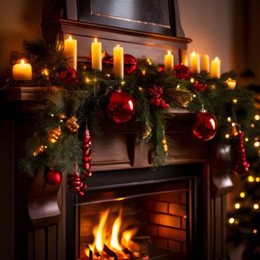 Sıcak bir Noel şöminesi. Çoraplar, parlayan mumlar ve çelenkler ile süslenmiş. Sıcak ve şenlikli bir tatil atmosferi yaratıyor..