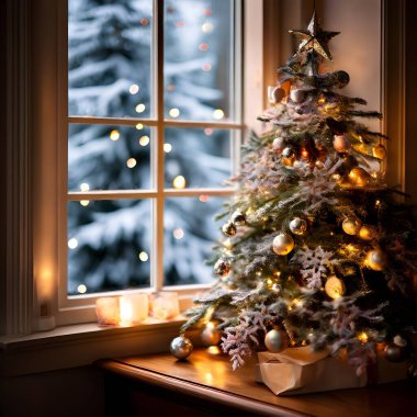 Güzel dekore edilmiş bir Noel ağacı buzlu bir pencerenin önünde duruyor. Parıldayan ışıkları ve süslemeleri yavaşça cama yansıyor..