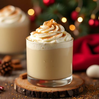 Krem şantili ve hindistan cevizli kremalı kremalı bir bardak sıcak, neşeli bir Noel arkaplanına kurulmuş..