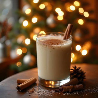 Üzerinde tarçın olan köpüklü bir votka kokteyli bayram neşesi ve parlayan bir ağaçla süslenmiş bir şenlik masasında oturur..